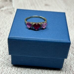 Vintage LGL Leer Gem Ltd 10K Gold Heart Trio Lab Created Ruby Diamond Ring Sz 7